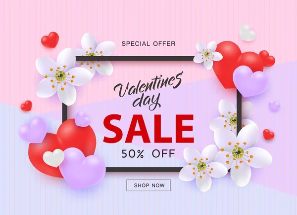 Vector illustration of Valentines Day Sale template with heart shapes and flowers.