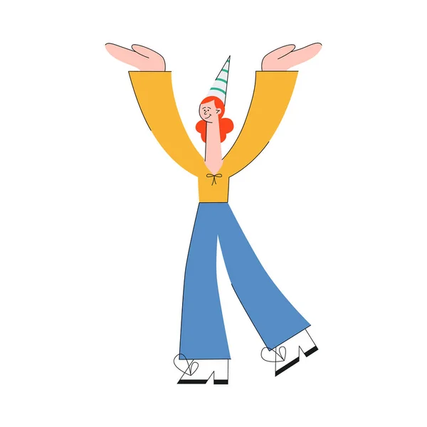 Vector mujer bailando en fiesta en sombrero con sonrisa — Vector de stock