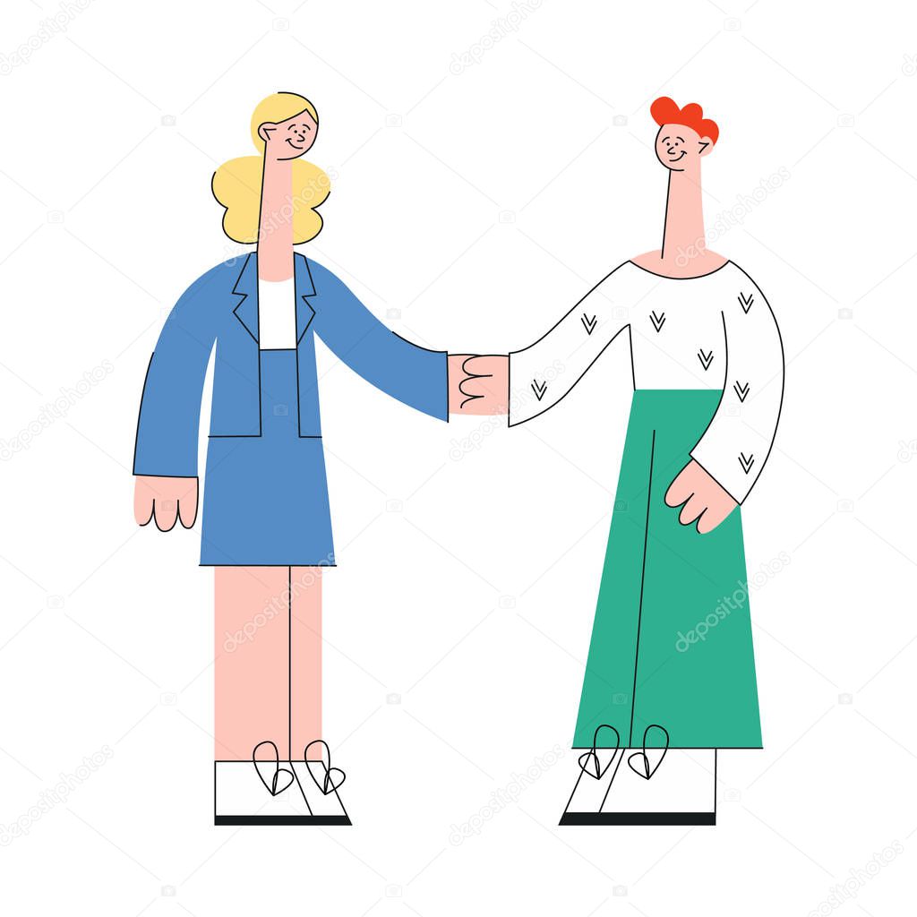 Business woman and man shaking hands in flat style isolated on white background.