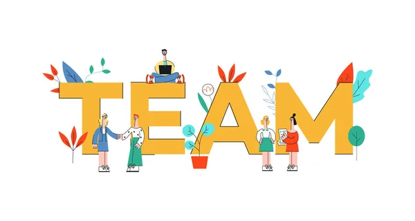 Illustration vectorielle de la conception de texte d'équipe avec des gens d'affaires travaillant et discutant de thèmes près de grandes lettres . — Image vectorielle