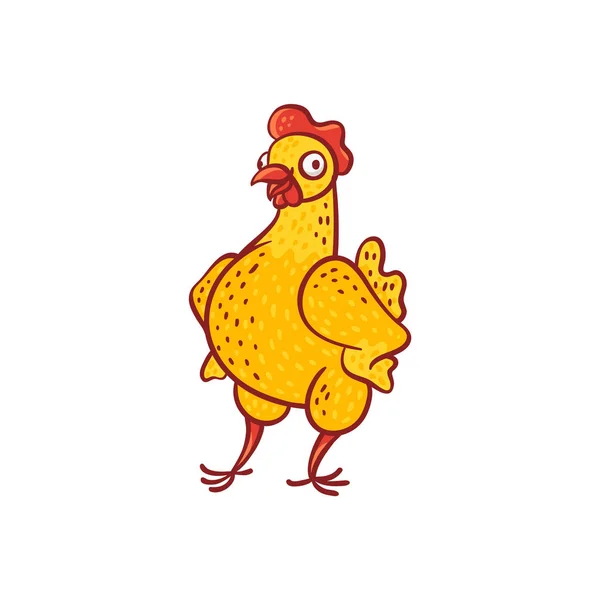 Vector illustration of funny cartoon chicken standing with wings in sides. — Stock Vector