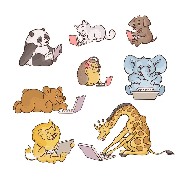 Conjunto de ilustración vectorial de lindos animales infantiles con computadoras portátiles . — Vector de stock