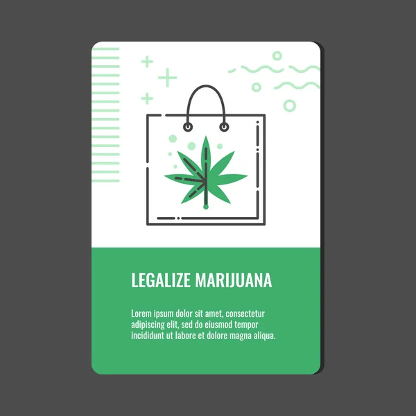 Het legaliseren van marihuana verticale banner met lijn icoon van de boodschappentas met cannabis blad. — Stockvector