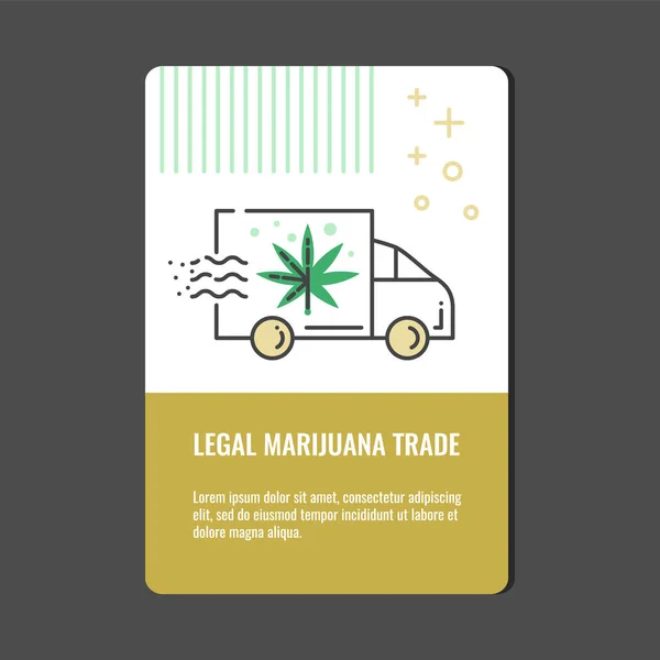 合法的大麻贸易垂直横幅与线图标交付卡车与大麻叶. — 图库矢量图片