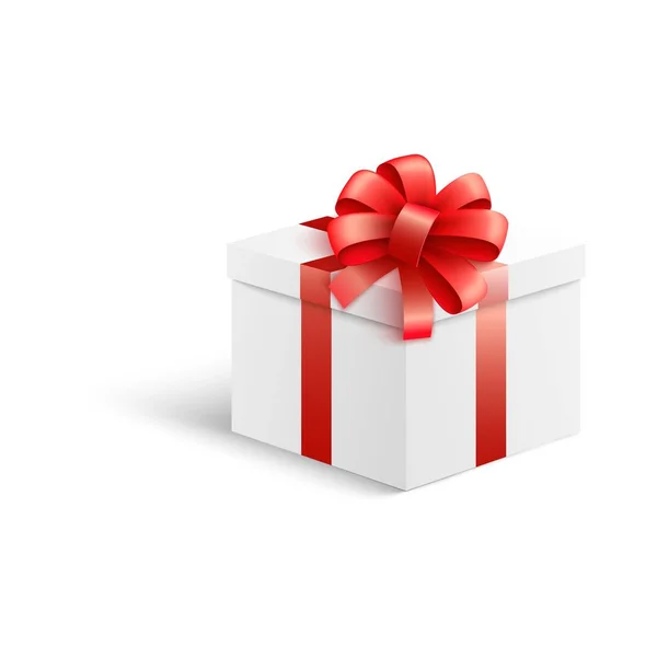 Witte geschenkdoos met rood lint en boog in realistische 3D-stijl. — Stockvector