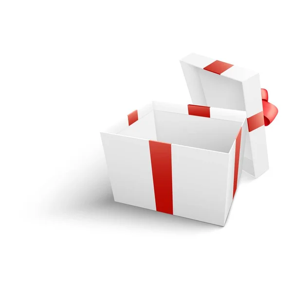 Weißer Geschenkkarton mit roter Schleife und Schleife im realistischen 3D-Stil . — Stockvektor