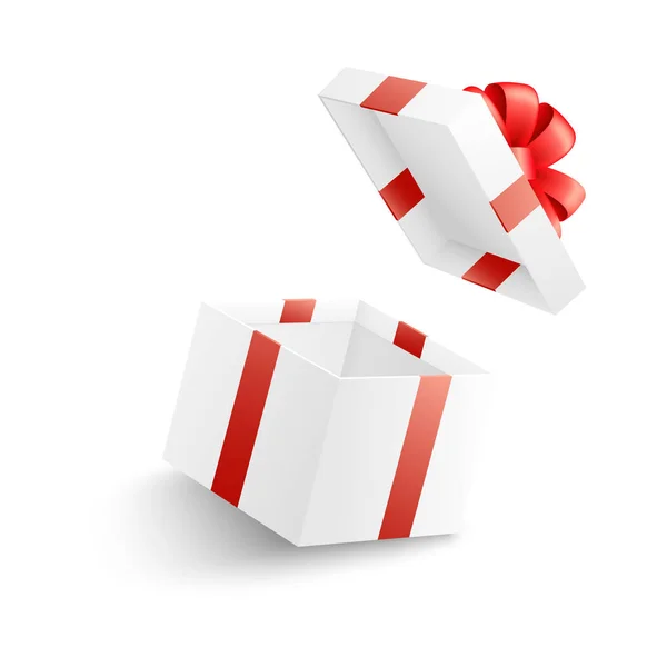 Lege geschenkdoos met open wit met rood lint, vliegende cover pijl en boog. — Stockvector