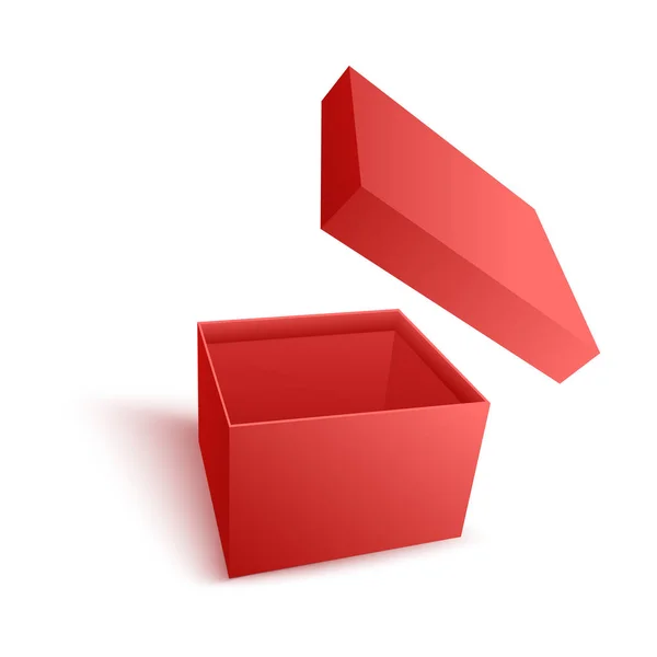 Abrir caja de papel rojo vacío con cubierta voladora en ilustración realista vector 3d . — Archivo Imágenes Vectoriales