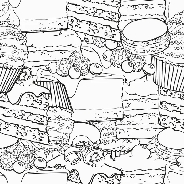 Desserts sucrés cuits au four contour motif sans couture dans le style croquis . — Image vectorielle