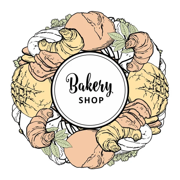Bakery shop banner with baked bread, loaf and croissants with greenery. — Stock Vector