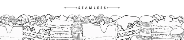 Cakes and pies horizontal seamless border pattern in line sketch style.