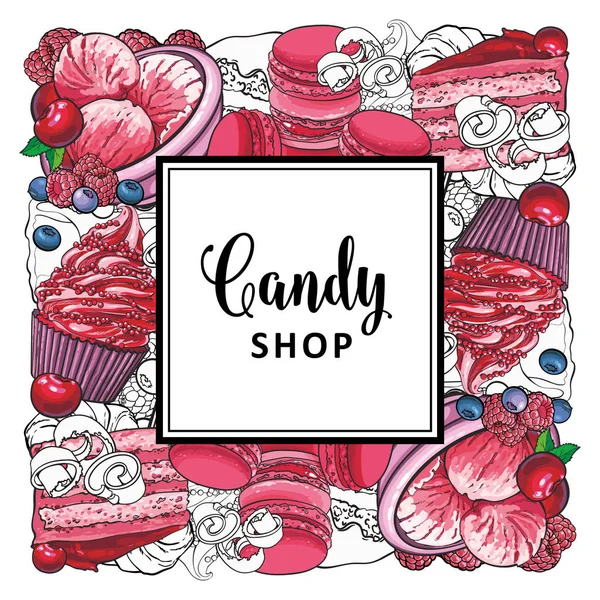 Candy shop square banner with hand drawn sweet confectionery products in sketch style. — Stock Vector