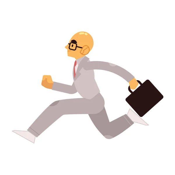 Hombre de negocios sonriente en traje con maletín corriendo hacia adelante . — Vector de stock