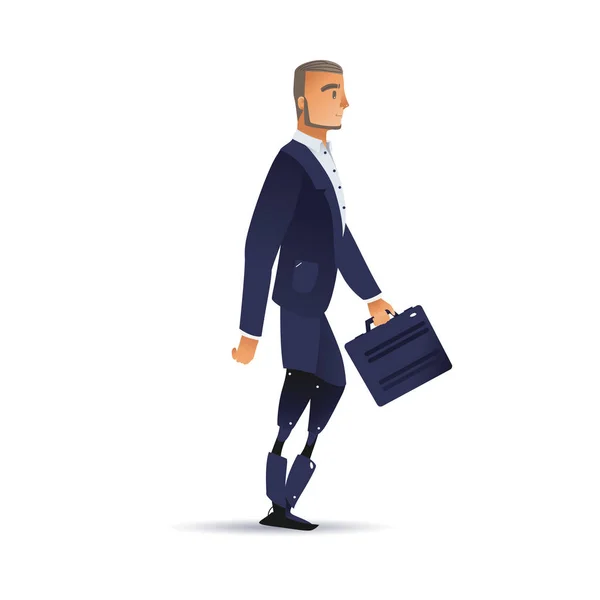 Illustration vectorielle de l'homme d'affaires aux jambes artificielles en costume bleu foncé avec mallette . — Image vectorielle