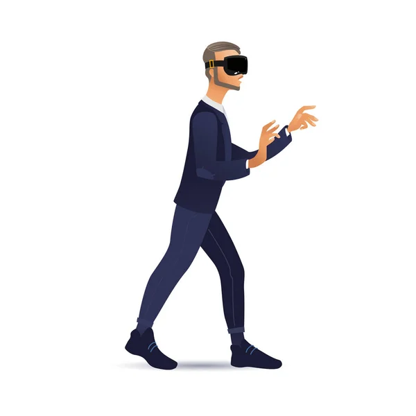 Homem vestindo realidade virtual fone de ouvido andando e tocando interface vr . — Vetor de Stock