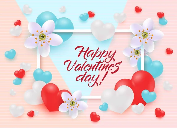 Happy Valentines Day greeting card or banner with realistic hearts and flowers. — Stock Vector