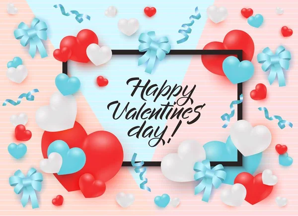 Happy Valentines Day greeting card or banner with frame surrounded by hearts and ribbons. — Stock Vector