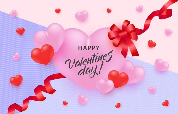 Happy Valentine Day greeting banner with congratulation sign in big pink heart with red ribbon and bow. — Stock Vector