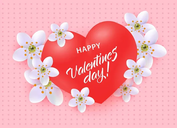 Feliz día de San Valentín saludo pancarta con signo en el gran corazón rojo rodeado de flores blancas . — Archivo Imágenes Vectoriales