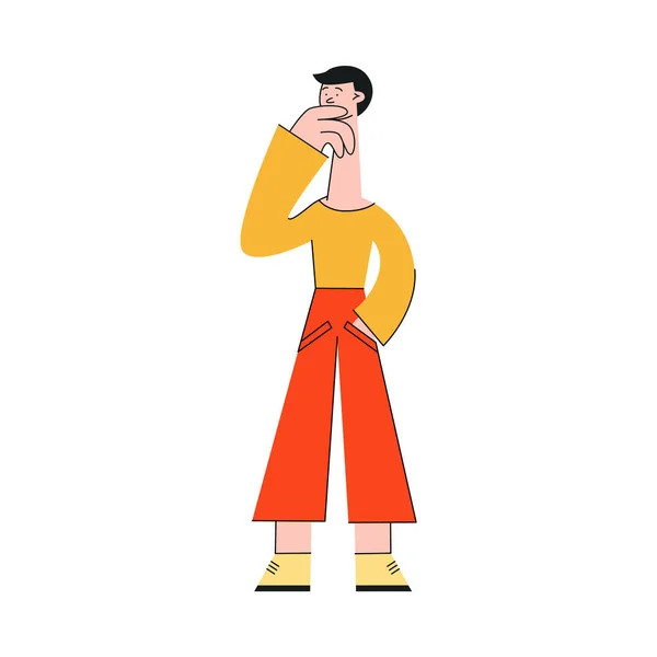 Illustration Vectorielle Jeune Personnage Masculin Confus Douteux Tenant Main Sur — Image vectorielle