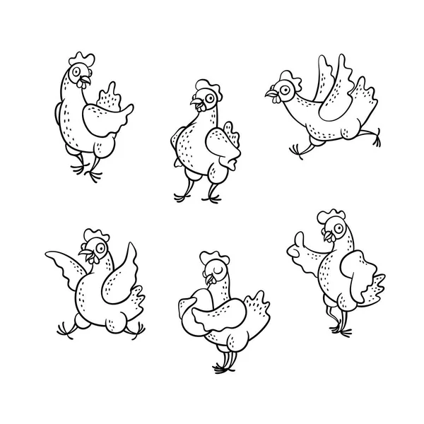 Vector lindo pollo caracteres negro blanco conjunto — Archivo Imágenes Vectoriales