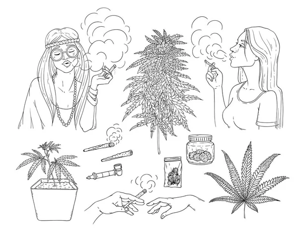 Vector cannabis fumar símbolos bosquejo icono conjunto — Vector de stock