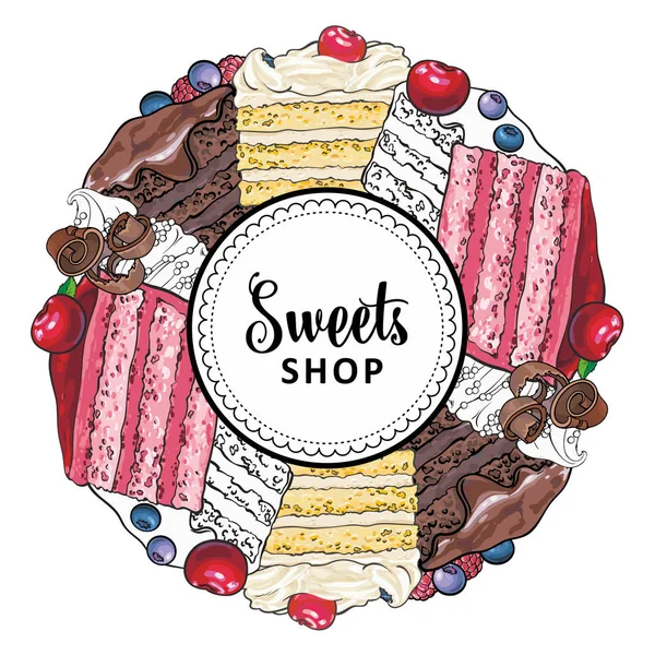 Vector sweets shop logo with cupcake biscuits — Stock Vector