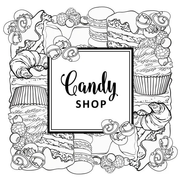 Candy shop square banner with baked desserts in line sketch style isolated on white background. — Stock Vector