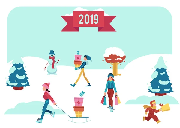 Illustrazione vettoriale del banner invernale con persone che camminano sulla neve con borse della spesa e scatole regalo . — Vettoriale Stock
