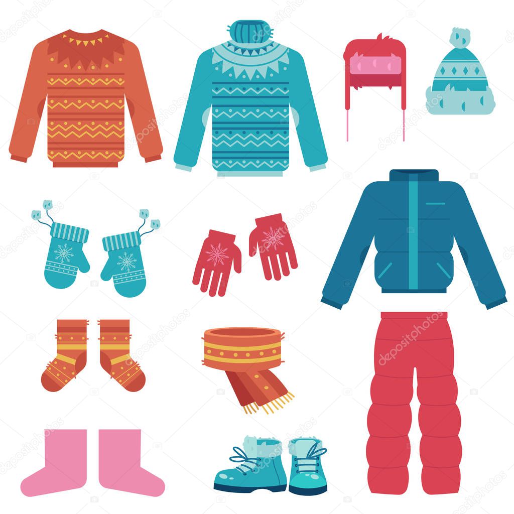 Conjunto de ilustración de vectores de ropa de invierno con varias prendas  de abrigo y zapatos para usar en clima frío . Vector de Stock de  ©Sabelskaya 232187750