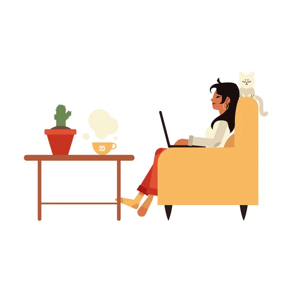 Ilustração vetorial de menina freelancer em chinelos trabalhando com laptop em casa sentado em poltrona . — Vetor de Stock