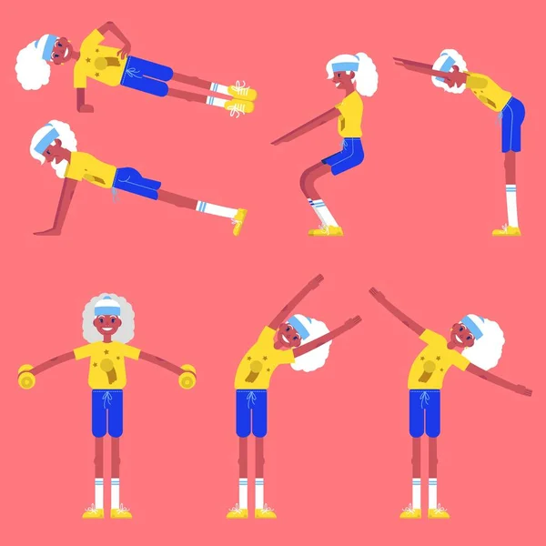 Conjunto de ilustrações vetoriais de mulheres idosas fazendo exercícios esportivos . — Vetor de Stock