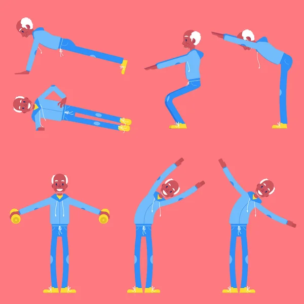 Conjunto de ilustração vetorial de homem sênior fazendo exercícios esportivos em estilo plano . —  Vetores de Stock