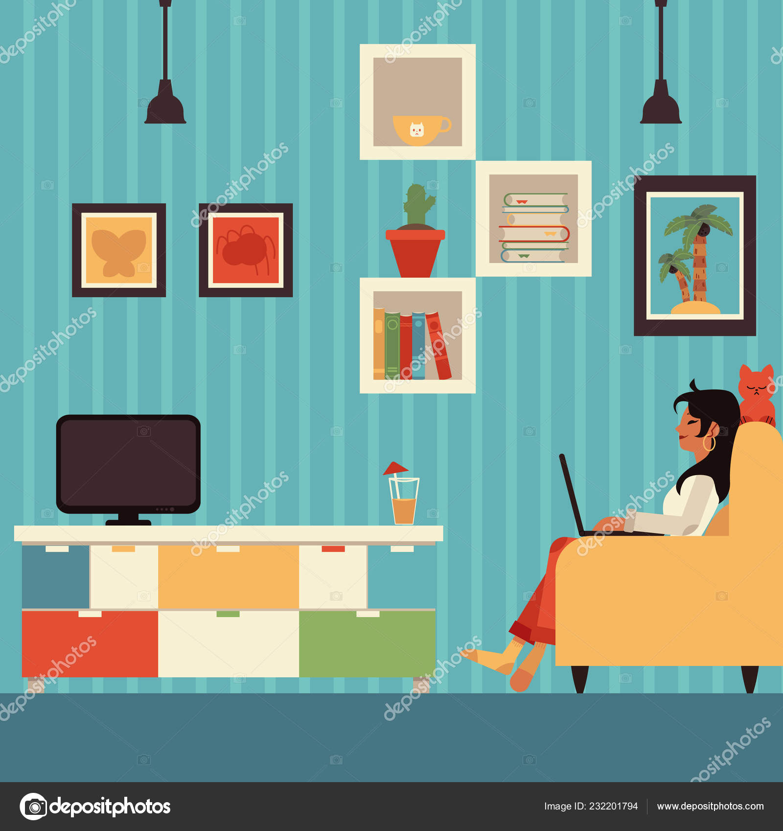 Vector Freelance Woman Work From Home In Armchair Stock