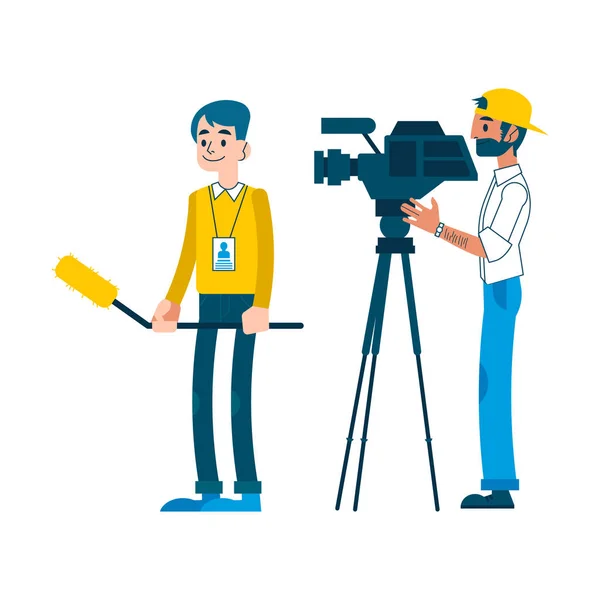 Vecteur homme vidéo reporter réglage caméra interview — Image vectorielle