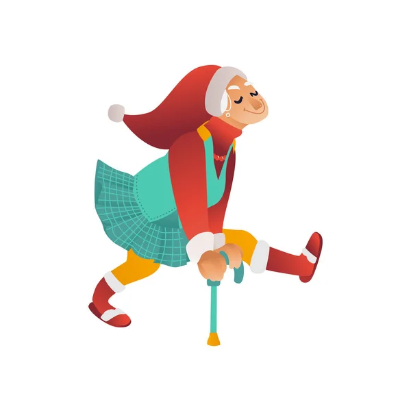 Vektorové ilustrace šťastná babička v slavnostní oblečení a Santa Claus red hat tanec. — Stockový vektor