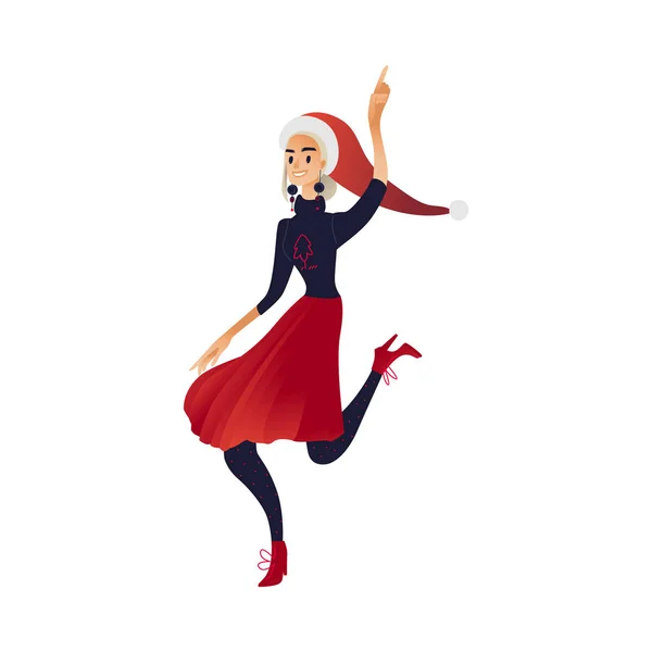 Vector mulher dos desenhos animados divertido na festa de Natal — Vetor de Stock