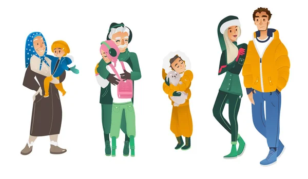 Insieme di illustrazione vettoriale della famiglia in inverno in stile cartone animato . — Vettoriale Stock