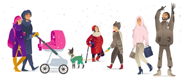 Conjunto de ilustración vectorial de personas que caminan bajo nevadas en invierno . — Archivo Imágenes Vectoriales