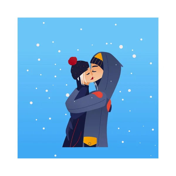 冬でキスを抱き締めるベクトル スケッチ愛好家 — ストックベクタ