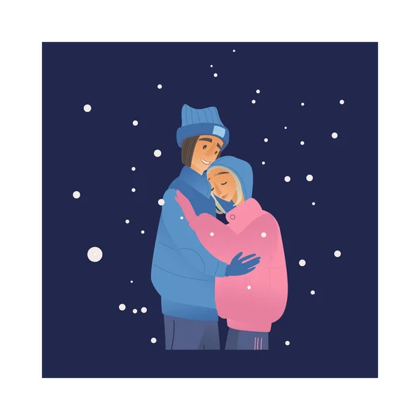 冬時間の夜抱いて降雪下で若いカップルのベクトル イラスト. — ストックベクタ