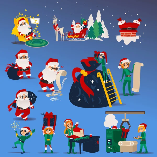 Noel Baba ve tatil hazırlanma elf ile Noel ve yeni yıl sahnelerin vektör çizim set. — Stok Vektör