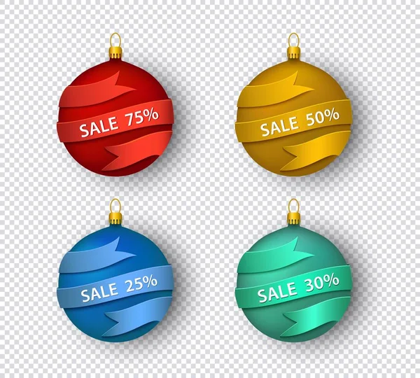 Vector illustration set of Christmas tree ball decorations with ribbon with sale sign. — Stock Vector