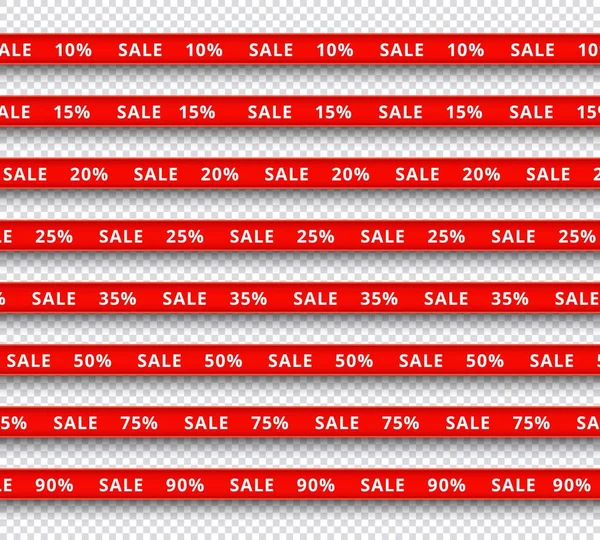 Vector illustration set of red realistic ribbons with sign Sale and various percentages of discount. — Stock Vector