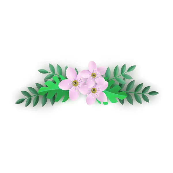 Ilustração vetorial da composição floral com flores rosa e folhas verdes . — Vetor de Stock