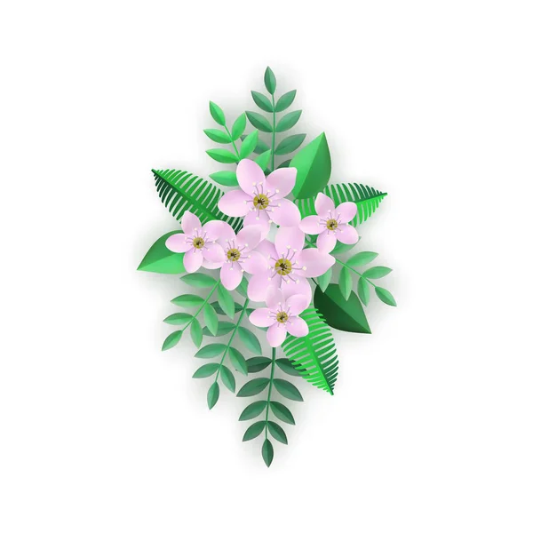 Ilustração vetorial de composição floral com flores rosa e folhas verdes em estilo plano . — Vetor de Stock