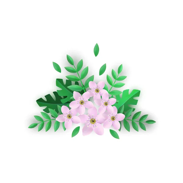 Composition florale illustration vectorielle avec de belles fleurs roses et feuilles vertes . — Image vectorielle