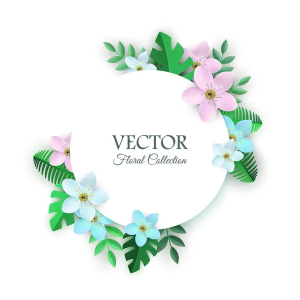 Vector illustration of floral composition with flowers and leaves around white round card. — Stock Vector
