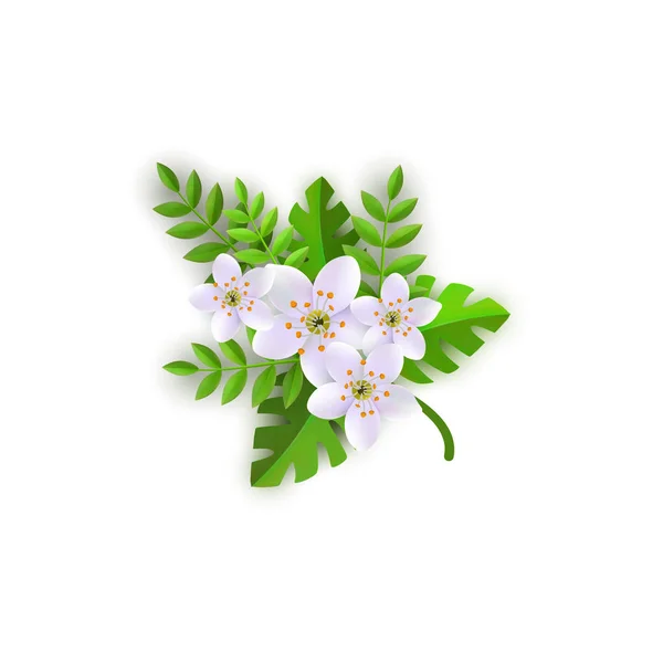 花の組成ベクトル イラスト - エレガントな白い花と緑の葉の枝. — ストックベクタ