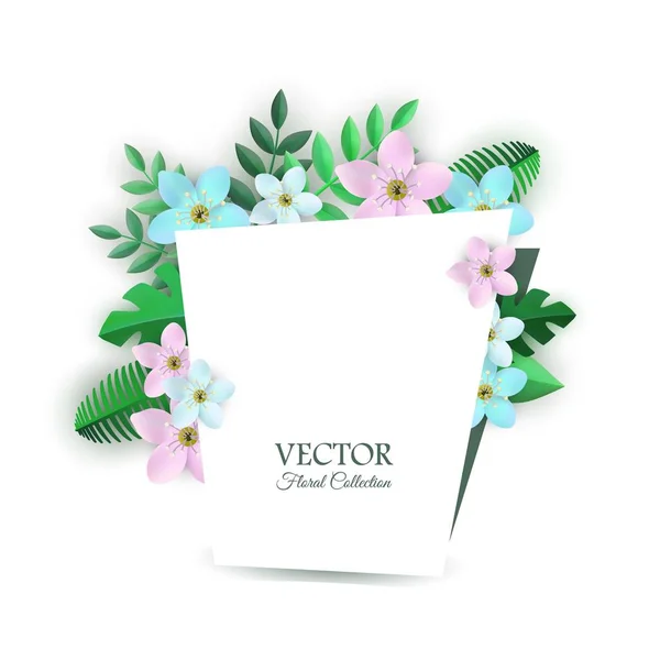 Illustration vectorielle de la composition florale avec fleurs claires et feuilles vertes à l'intérieur félicitations gard . — Image vectorielle